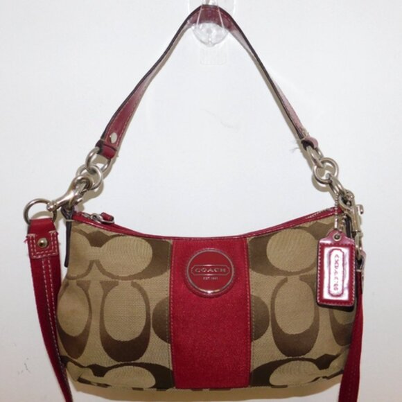 COACH Signature C Pattern Red and Brown Shoulder Bag Purse Silver Accents - Picture 1 of 4